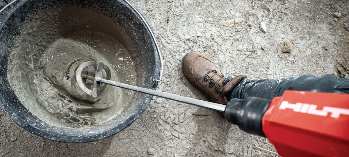 Mixing concrete or mortar or grout in bucket with NMX 6-22