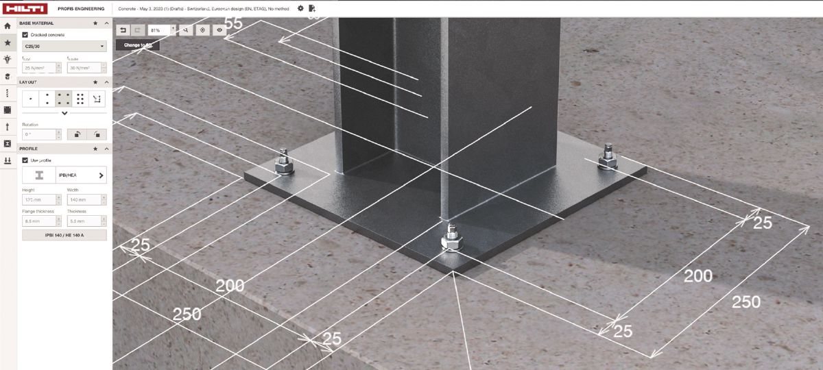 3D Rendering of a anchoring to concrete application integrated into the Profis Suite Software frame, cropped version. 